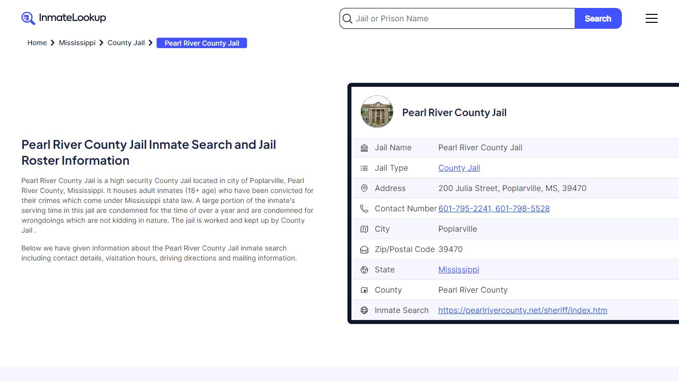 Pearl River County Jail (MS) Inmate Search Mississippi - Inmate Lookup